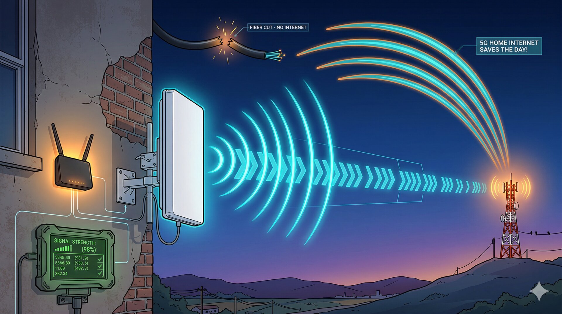 Directional antenna on a wall aimed at a cell tower, fiber cable snapping on one side while 5G waves bridge the gap