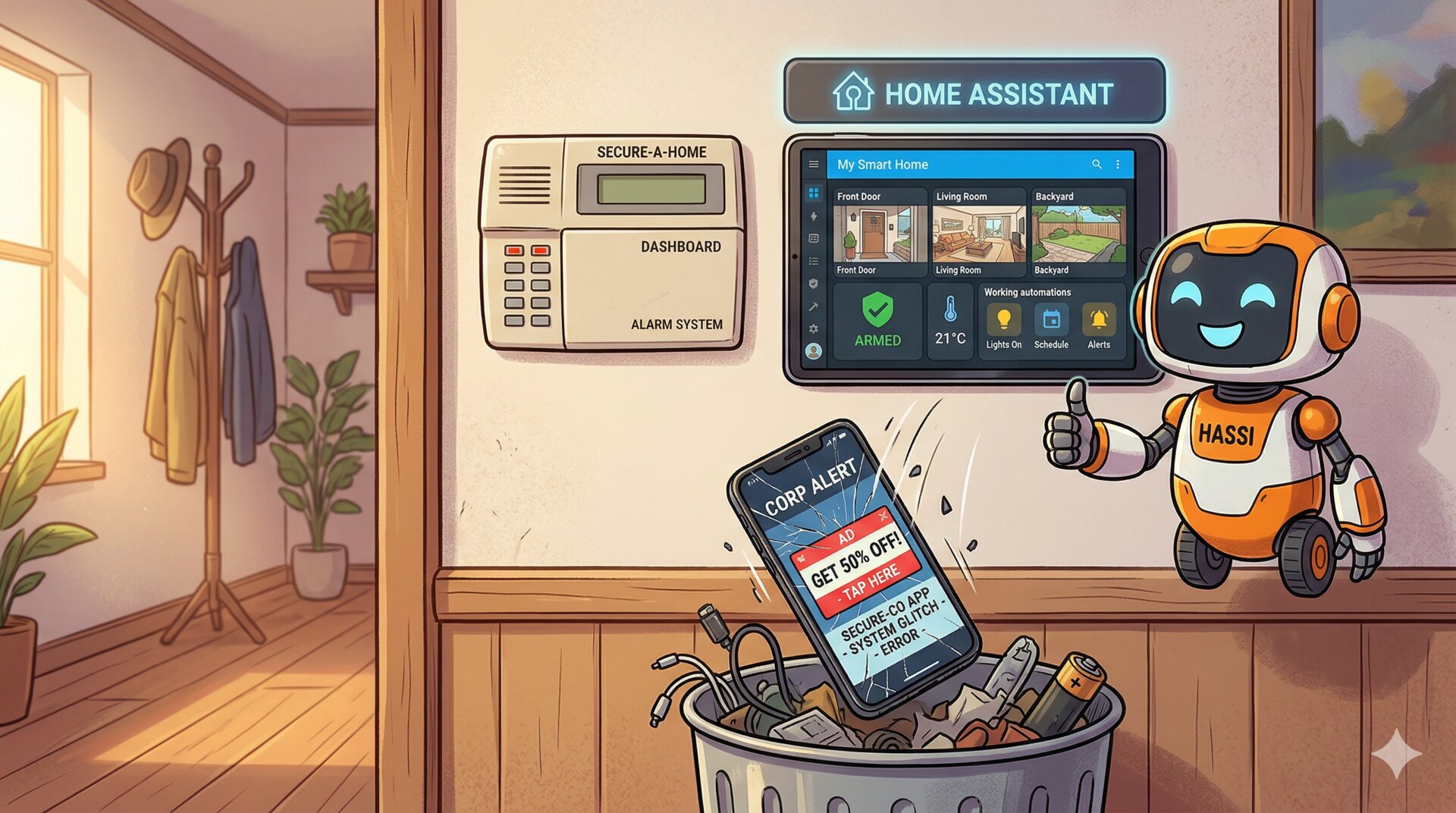 A cracked phone with a bloated alarm app tossed in the trash, while a Home Assistant dashboard glows triumphantly on a tablet