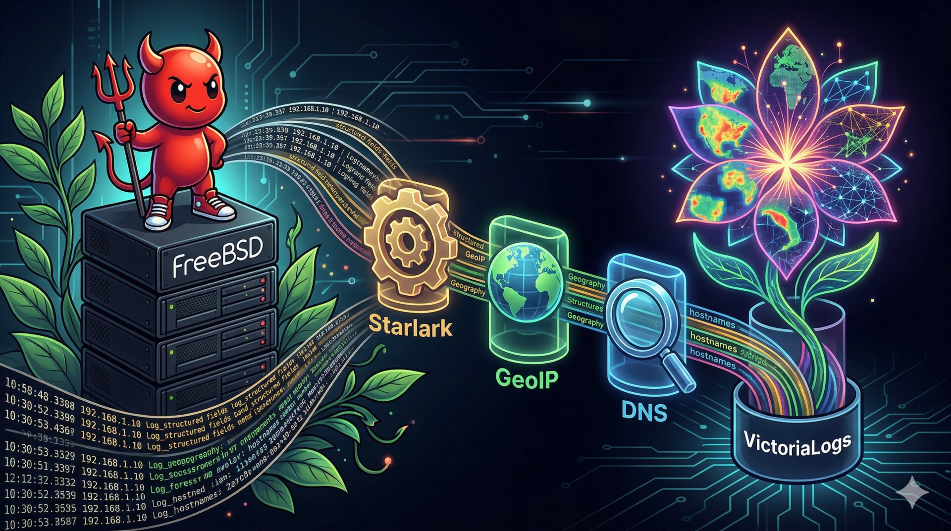BSD daemon with telemetry flowing through an enrichment pipeline into VictoriaLogs